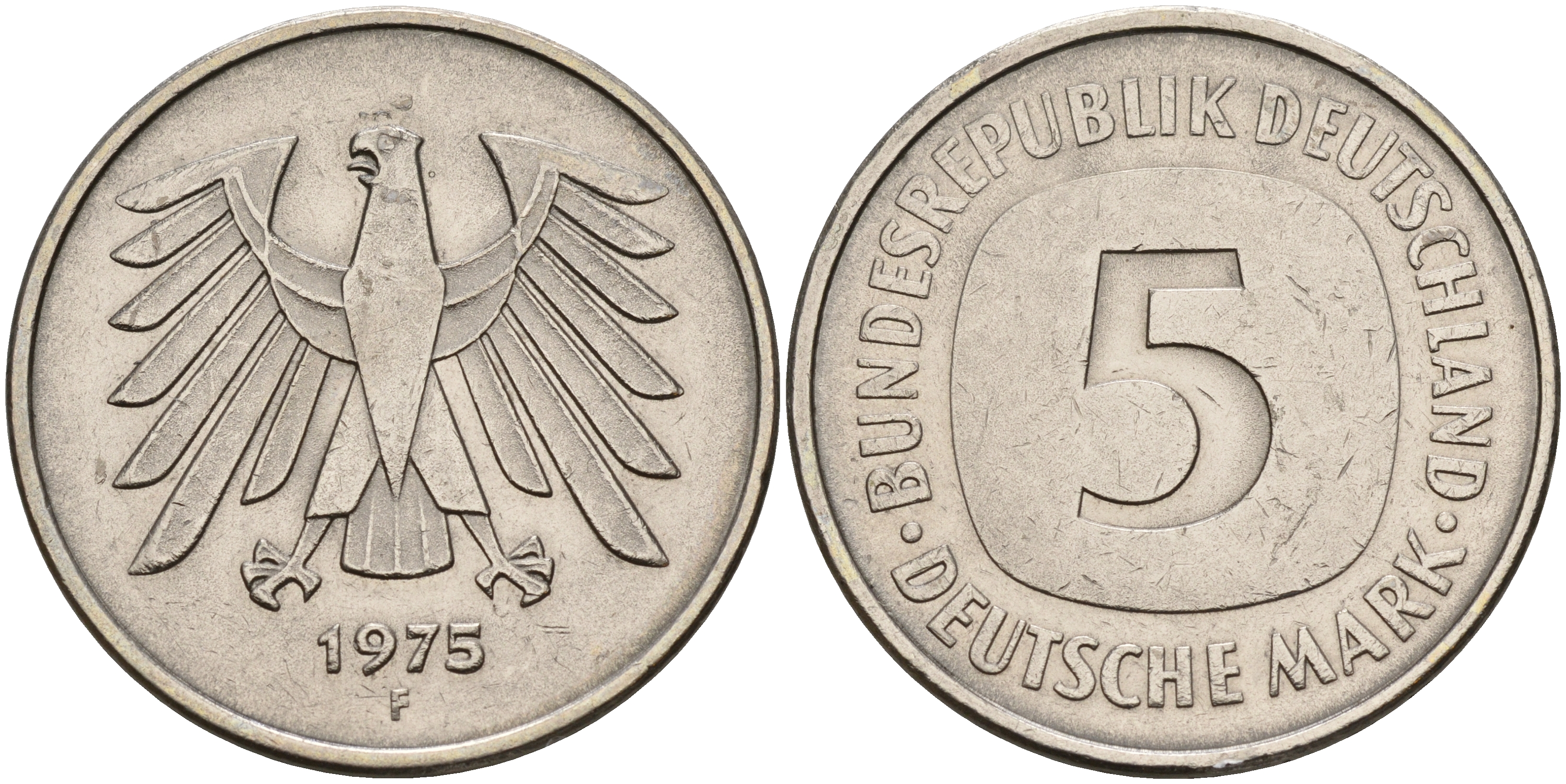 ФРГ 5 марок 1975 F, монетный двор Штутгарт КМ 140.1, J. 415 медно-никель плакированный никелем   4149-521