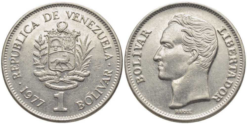 Венесуэла 1 боливар 1977 Симон Боливар KM 52 никель 113-257