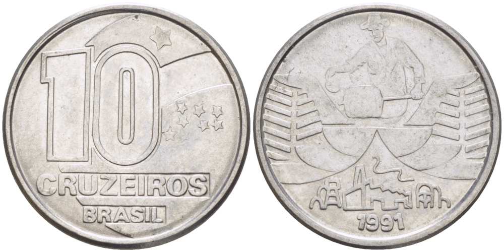 Бразилия 10 крузейро 1990 золотодобыча KM 619.1 нержавеющая сталь 4179-541