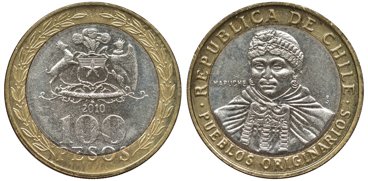 Чили 100 песо 2010 индейцы Мапуче KM 236 биметалл 4681-533