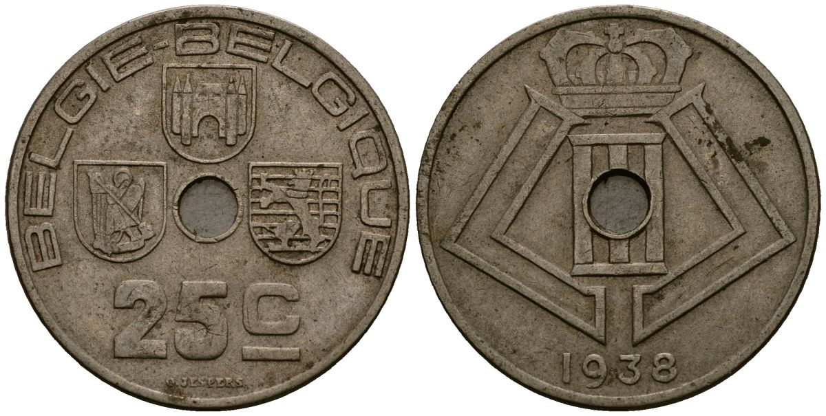 Бельгия 25 сантимов 1938 Belgie - Belgique KM 115 никель латунь 4583-634
