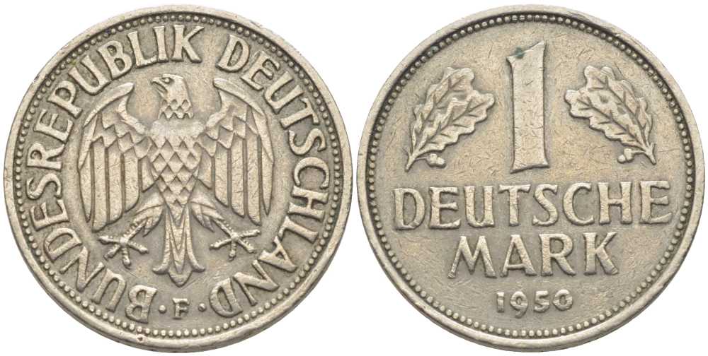 ФРГ 1 марка 1950 F, KM 110, J. 385 медно-никель 117-231