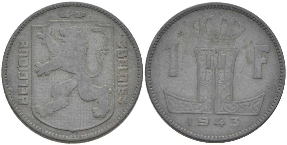 БЕЛЬГИЯ 1 ФРАНК 1943 BELGIQUE-BELGIE KM 127 цинк 212-933