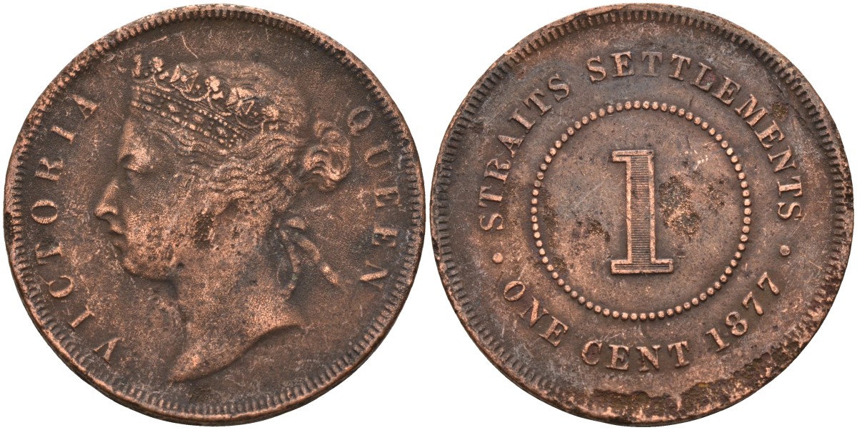 Стрейтс-Сетлментс 1 цент 1877 Виктория (1837-1901), Ост-Индская компания KM 9 медь 4590-426