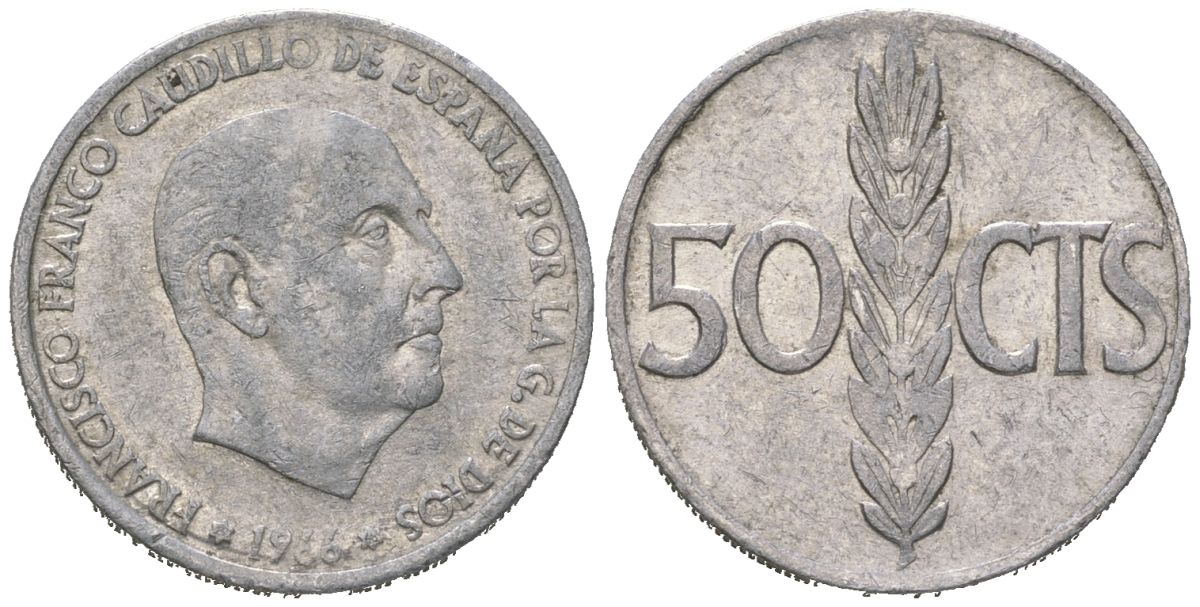 Испания 50 сентимо 1966 (69) Франсиско Франко (1939-1975) KM 795 алюминий 4621-441