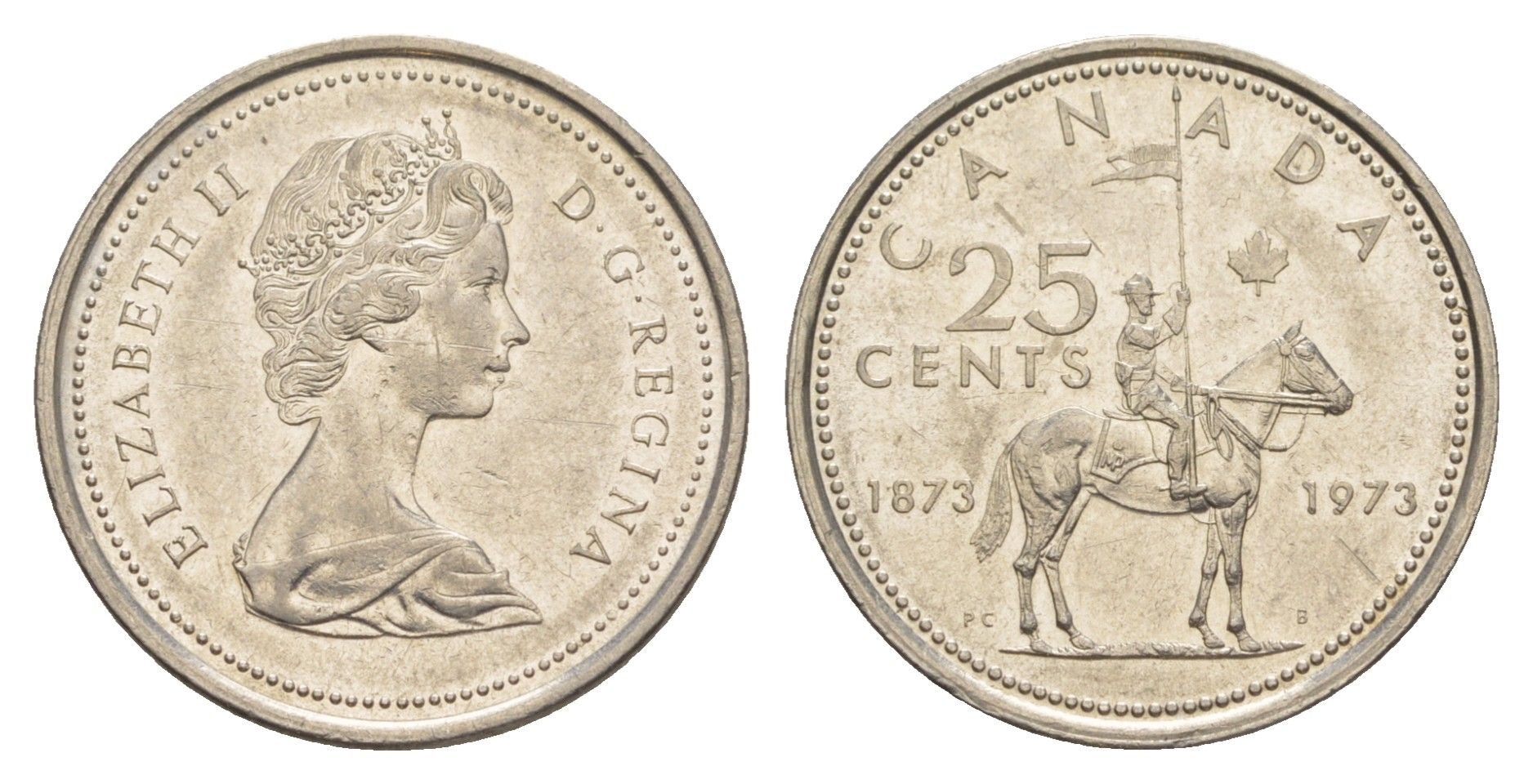 Канада 25 центов 1973 100 лет канадской горной полиции (1873-1973), Елизавета II (1952-2022) KM 81 никель 4638-515