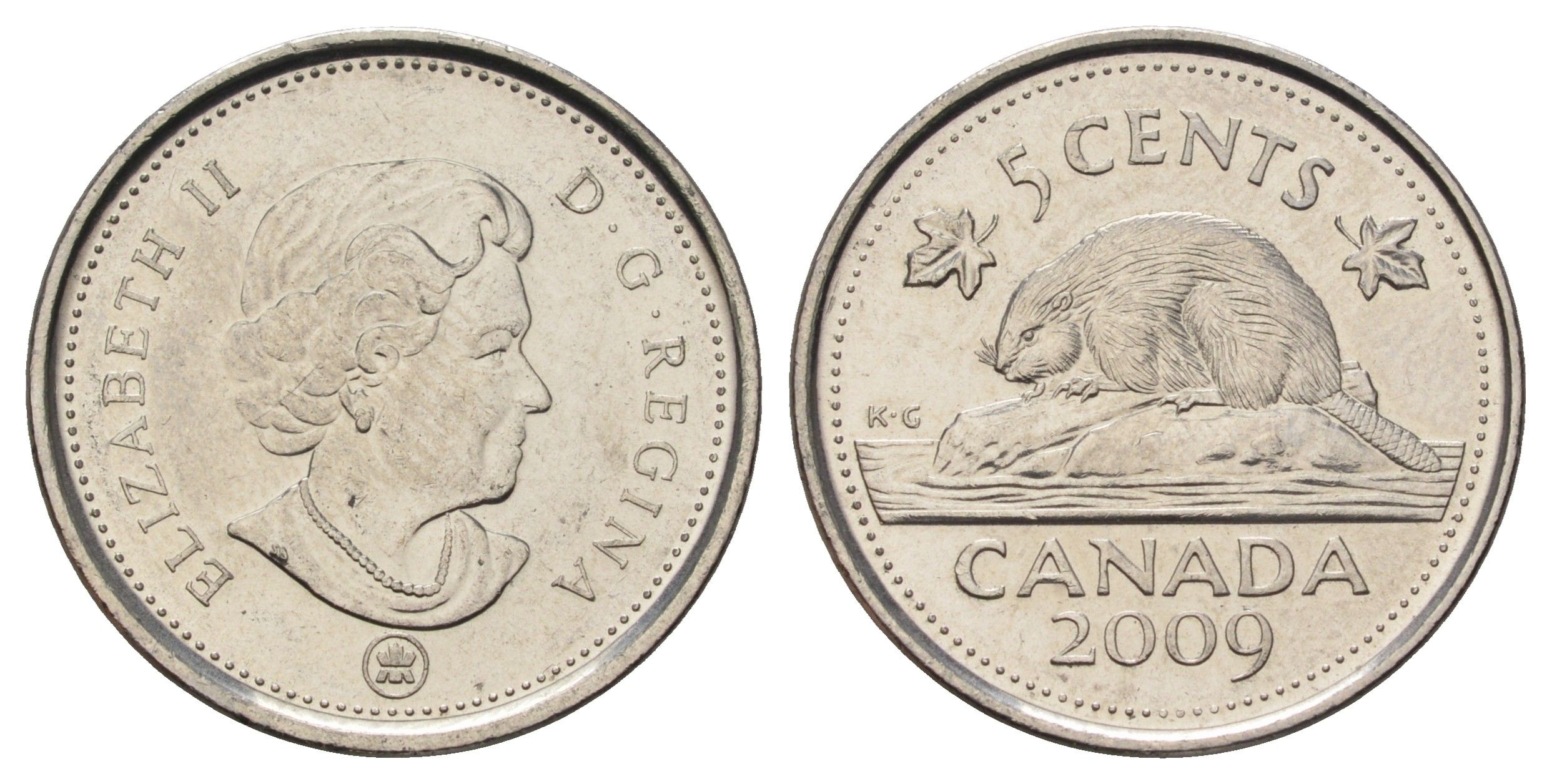 Канада 5 центов 2009 Leaf, Елизавета II (1952-2022), бобр KM 491 сталь плакированная никелем 4689-521