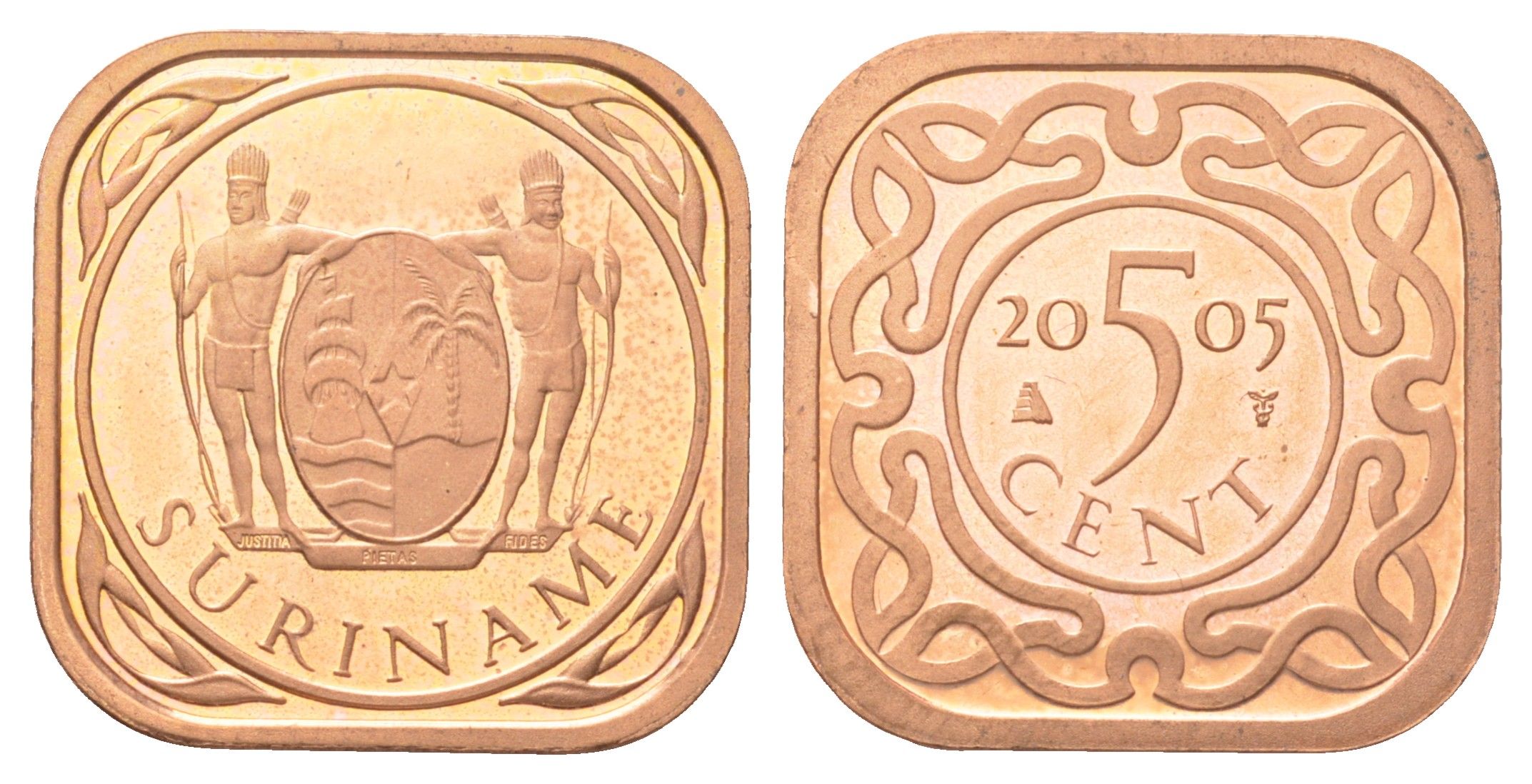 Суринам 5 центов 2005 тираж 1500 экземпляров KM 12b сталь плакированная медью BU 4625-322
