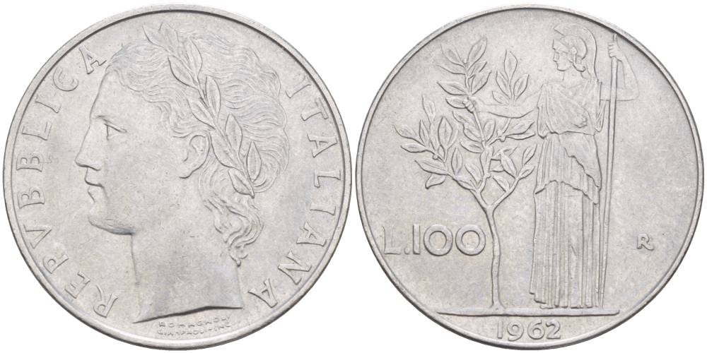 ИТАЛИЯ 100 ЛИР 1962 R, АФИНА У ОЛИВКОВОГО ДЕРЕВА KM 96.1 нержавеющая сталь 4545-631