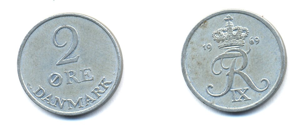 ДАНИЯ 2 ЭРЕ 1969 C; S, ФРЕДЕРИК IX (1947-1972) KM 840.2 цинк 51-4333