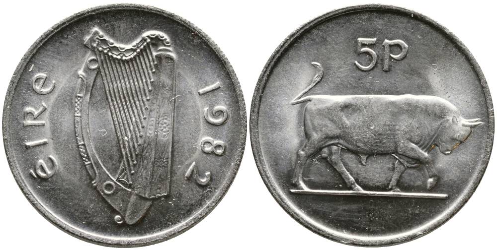 ИРЛАНДИЯ 5 ПЕНСОВ 1982 БЫК KM 22 медно-никель 4525-1133