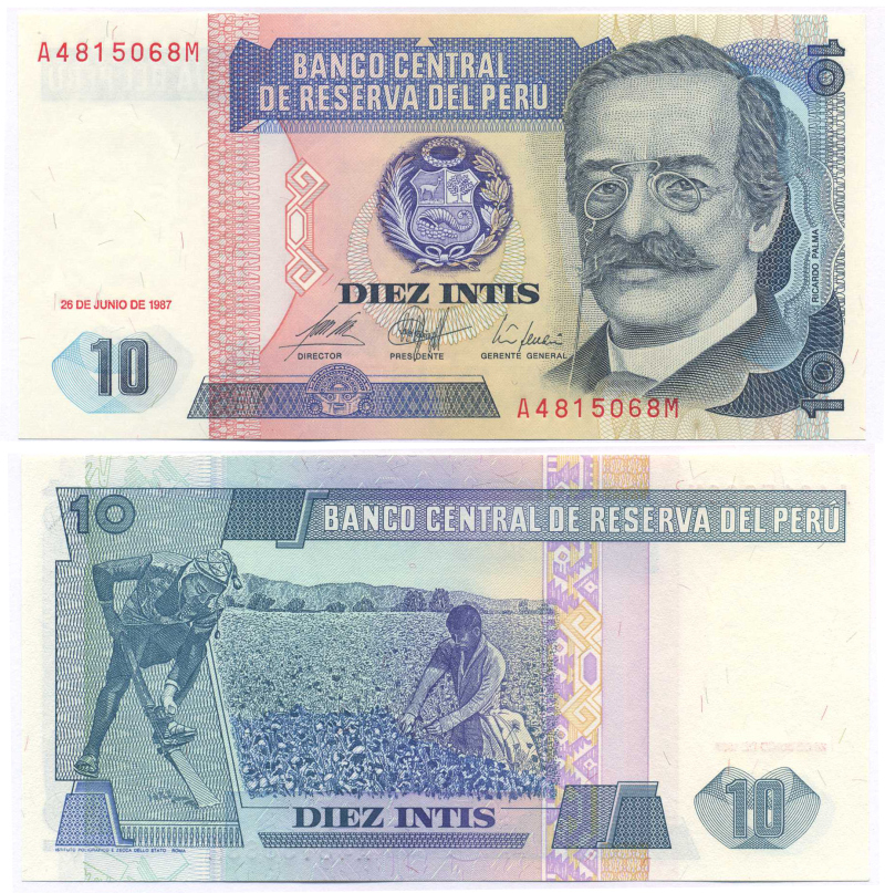 Перу 10 инти 1987 Рикардо Пальма, писатель, ученый, библиотекарь Pick 129 бумага UNC (пресс) 7148-31-1