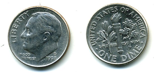 США 10 ЦЕНТОВ = 1 ДАЙМ 1998 D, РУЗВЕЛЬТ KM 195а медь плакированная медно-никелем 46-2542