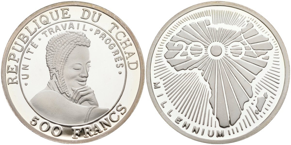 Чад 500 франков 2000 миллениум KM 17 серебро PROOF 04-317-22