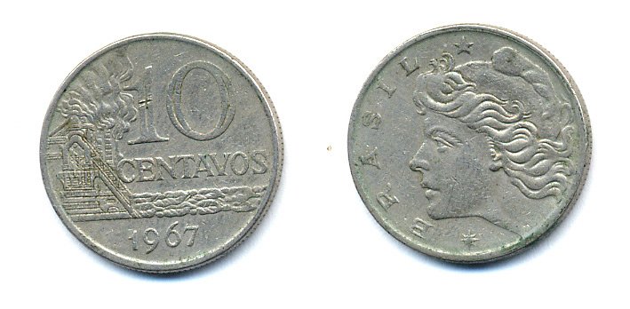 БРАЗИЛИЯ 10 СЕНТАВО 1967 KM 578.1 медно-никель 51-5144