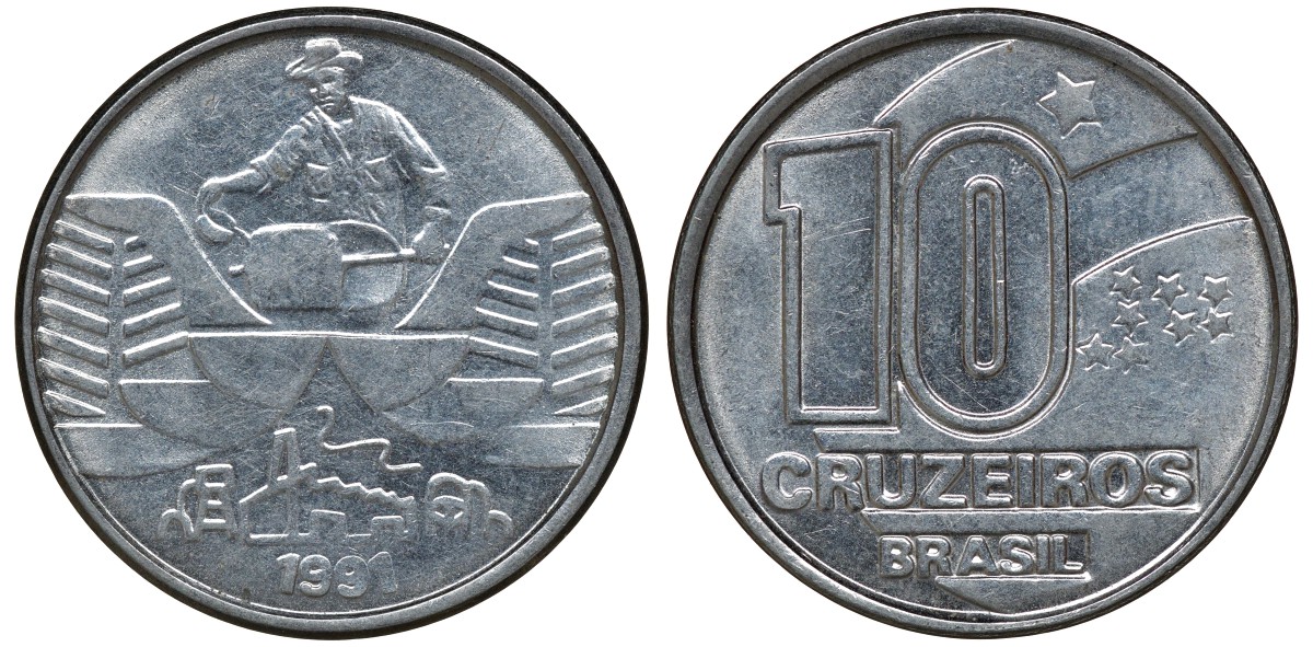 БРАЗИЛИЯ 10 КРУЗЕЙРО 1991 KM 618.2 сталь aUNC 72-1536