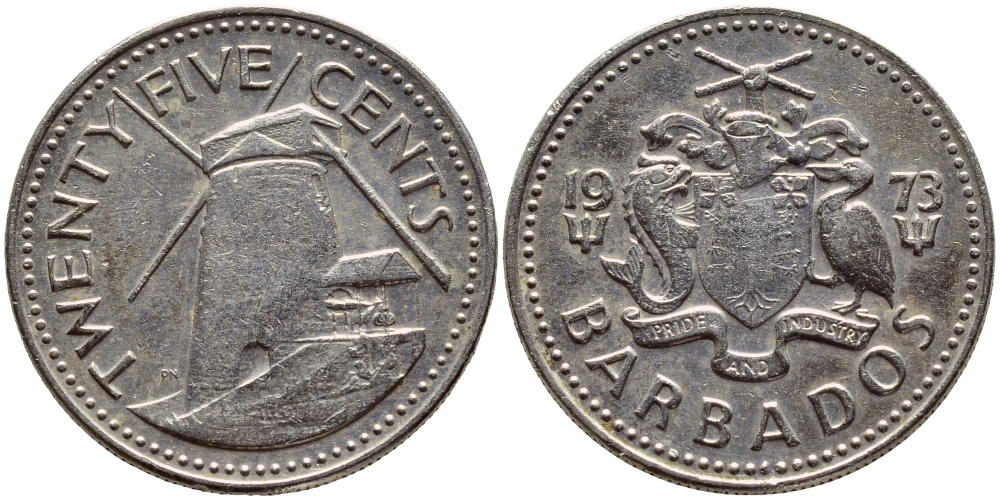 Барбадос 25 центов 1973 ветряная мельница Моргана Льюиса KM 13 медно-никель 4398-342