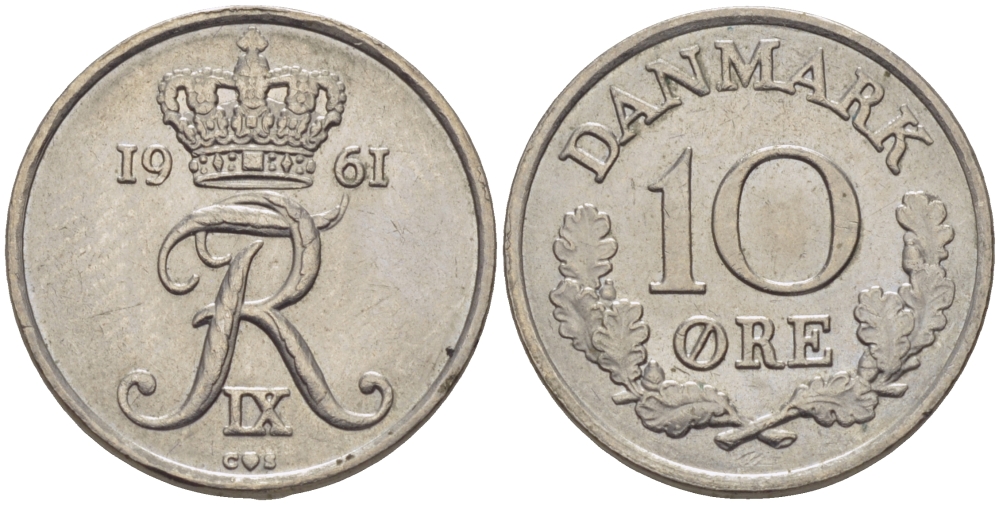 ДАНИЯ 10 ЭРЕ 1961 C; S, ФРЕДЕРИК IX (1947-1972) KM 849.1 медно-никель 100-262