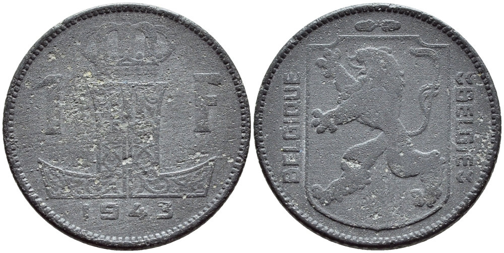 БЕЛЬГИЯ 1 ФРАНК 1943 BELGIQUE-BELGIE KM 127 цинк 4395-434