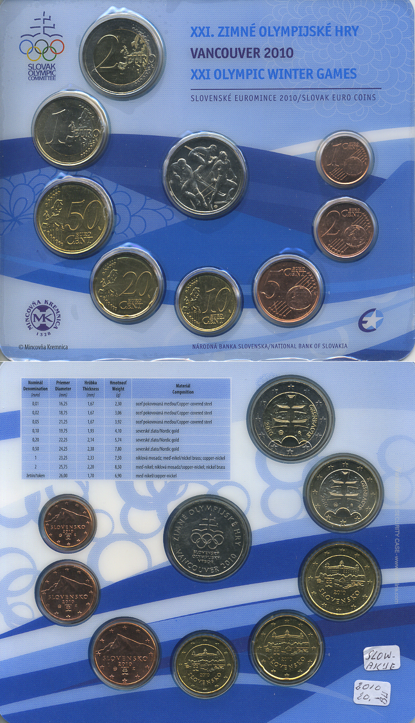 Словакия евронабор из 8 монет + жетон 2010 XXI Зимние Олимпийские игры в Ванкувере 2010, в пластиковой запайке UNC 1-4-2-20