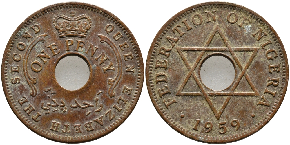 Нигерия 1 пенни 1959 Елизавета II (1952-), Британский протекторат KM 2 бронза 51-255