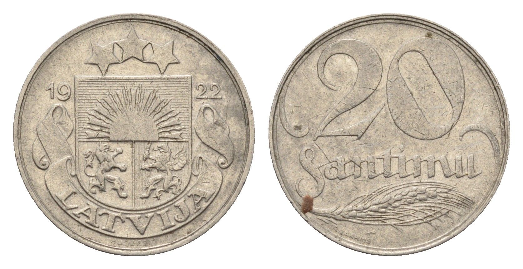 Латвия 20 сантимов 1922 год-тип KM 5 никель 4689-763