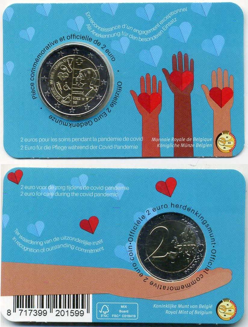 Бельгия 2 евро 2022 В честь здравоохранения во время ковид-пандемии, в оригинальном блистере KM 429 биметалл BU 5-6-3-22