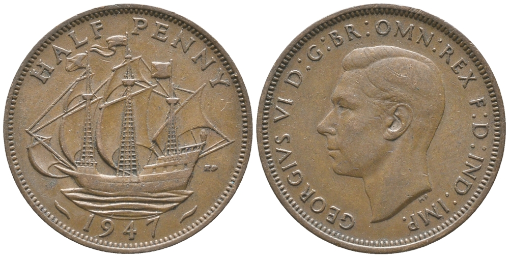 Великобритания 1/2 пенни 1947 Георг VI (1936-1952) KM 844, Spink 4115 бронза 34-225