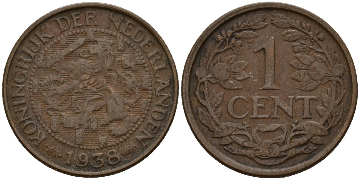 Нидерланды 1 цент 1938 Вильгельмина I (1890-1948) KM 152 бронза 4154-919