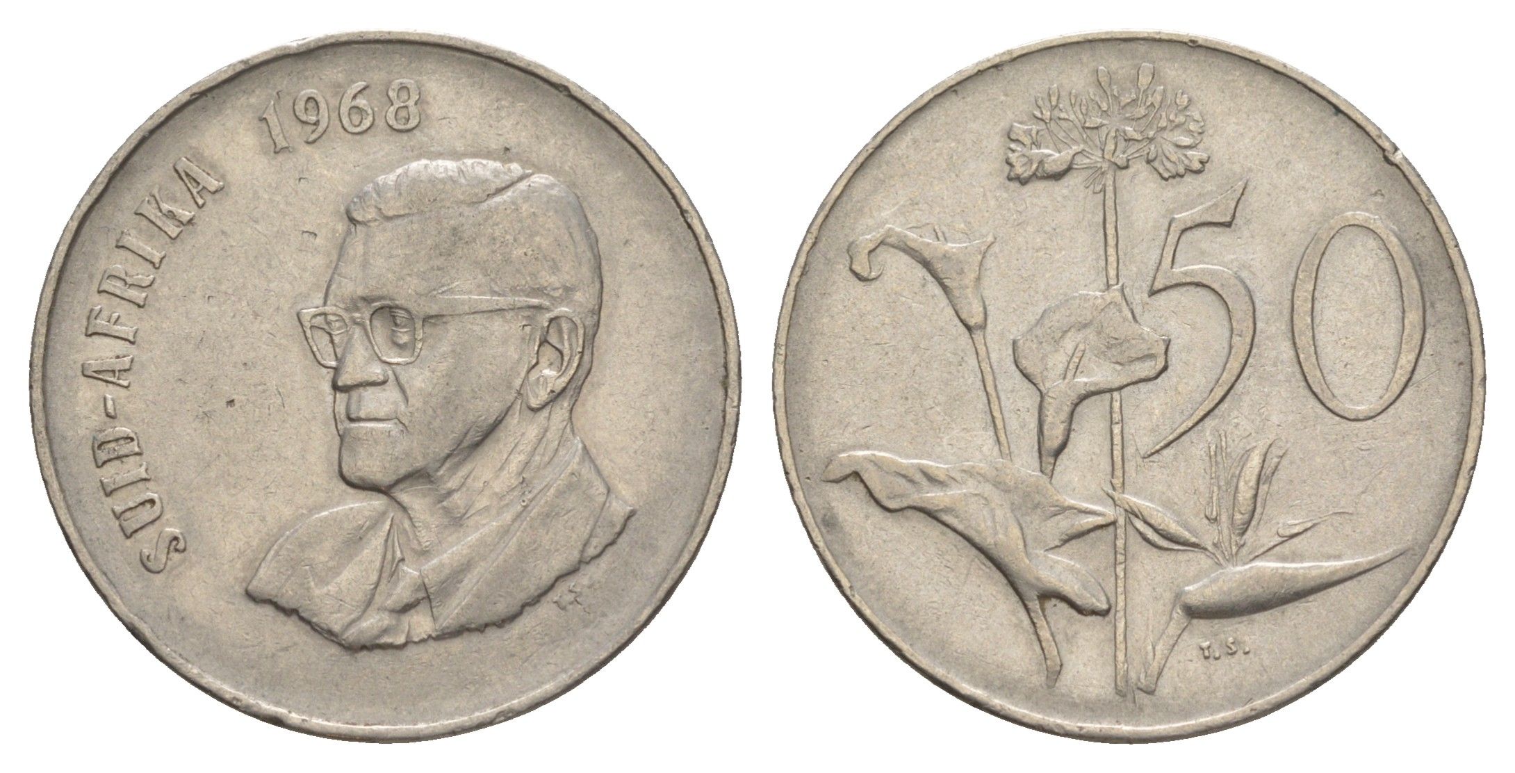 ЮАР 50 центов 1968 Окончание президентства Чарльза Сварта, Suid Africa, легенда на африкаанс KM 79.2 никель 4601-933