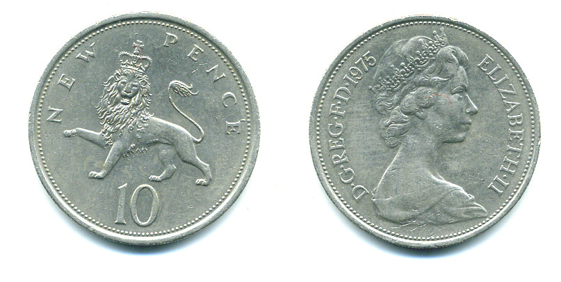 Великобритания 10 пенсов 1975 Елизавета II (1952-2022) KM 912, Spink 4231 (F1) медно-никель 4383-936