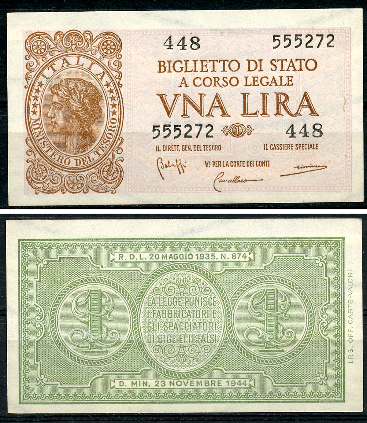 Италия 1 лира 1944 подписи Bolaffi, Cavallaro, Giovinco Pick 29 b, Grapanzano BS 8  бумага  aUNC 8614-9-4-1