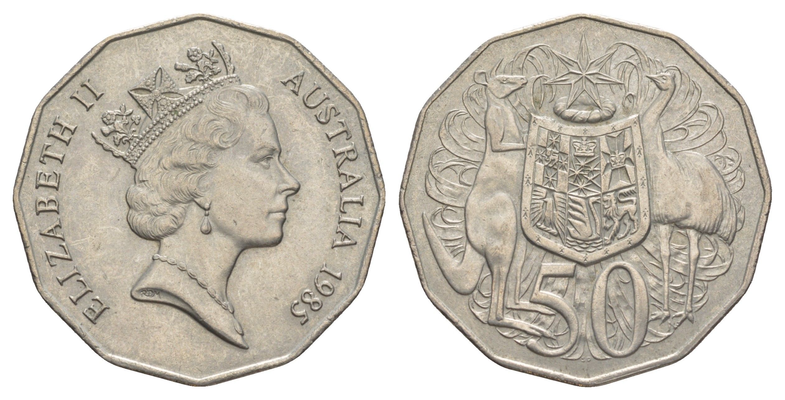 Австралия 50 центов 1985 редкий год, Елизавета II (1952-2022), герб Австралии, кенгуру KM 83 медно-никель 4381-144