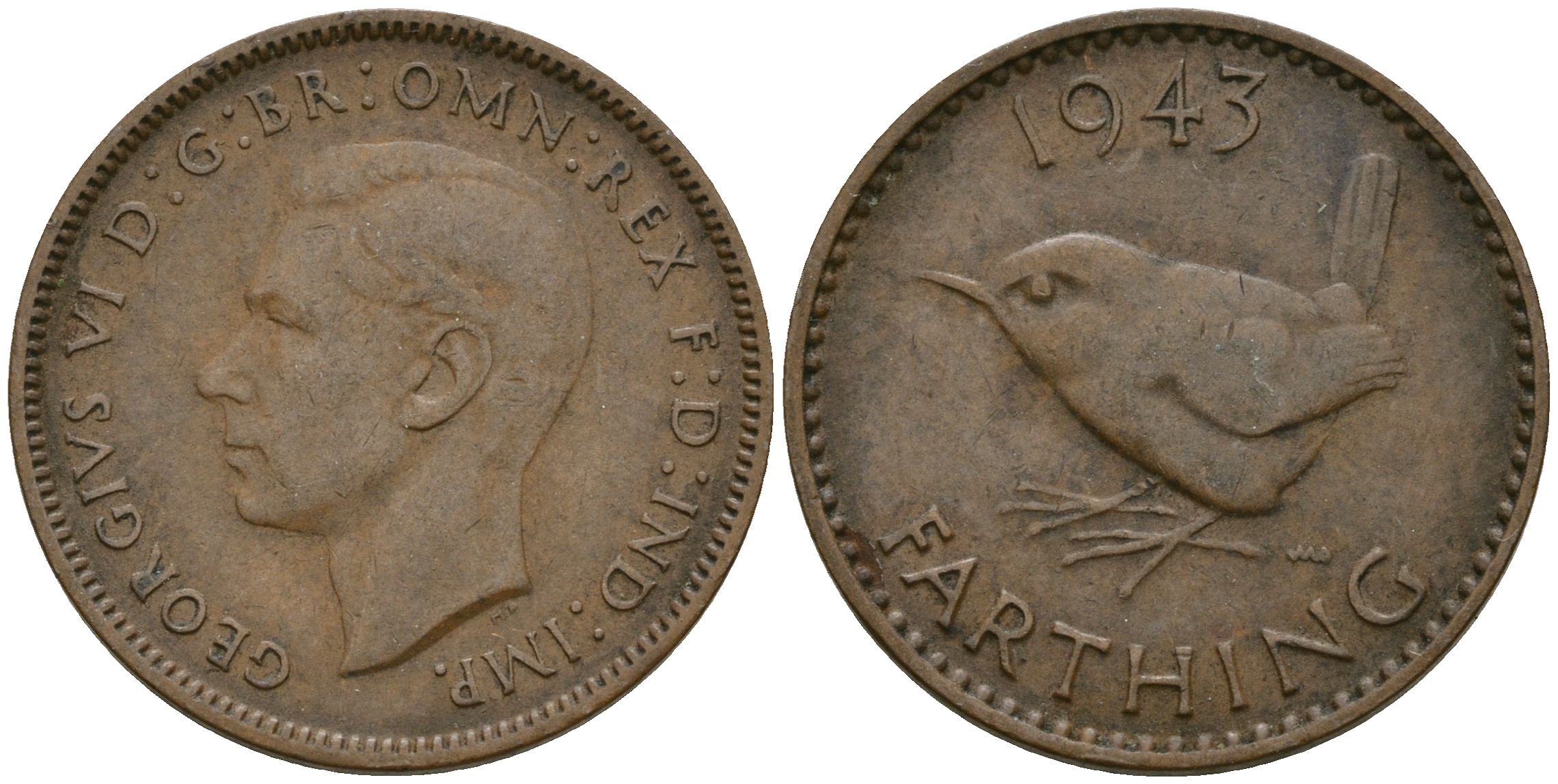 Великобритания 1 фартинг 1943 Георг VI (1936-1952) KM 843, Spink 4116 бронза 08-1412