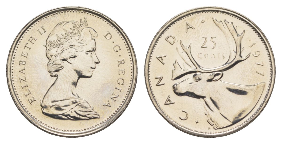 Канада 25 центов 1977 Елизавета II (1952-2022), олень KM 62b никель PROOF-LIKE (BU) 4631-926