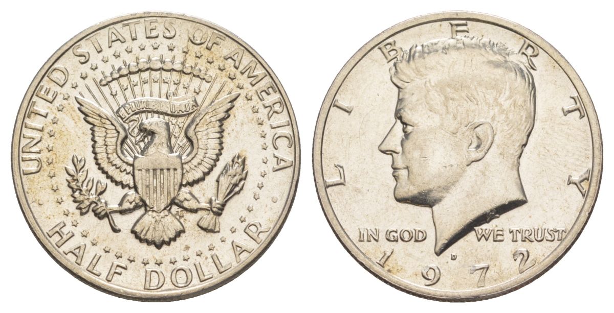США 1/2 доллара (50 центов) 1972 D, Джон Кеннеди KM 202b медь плакированная медно-никелем aUNC 189-223