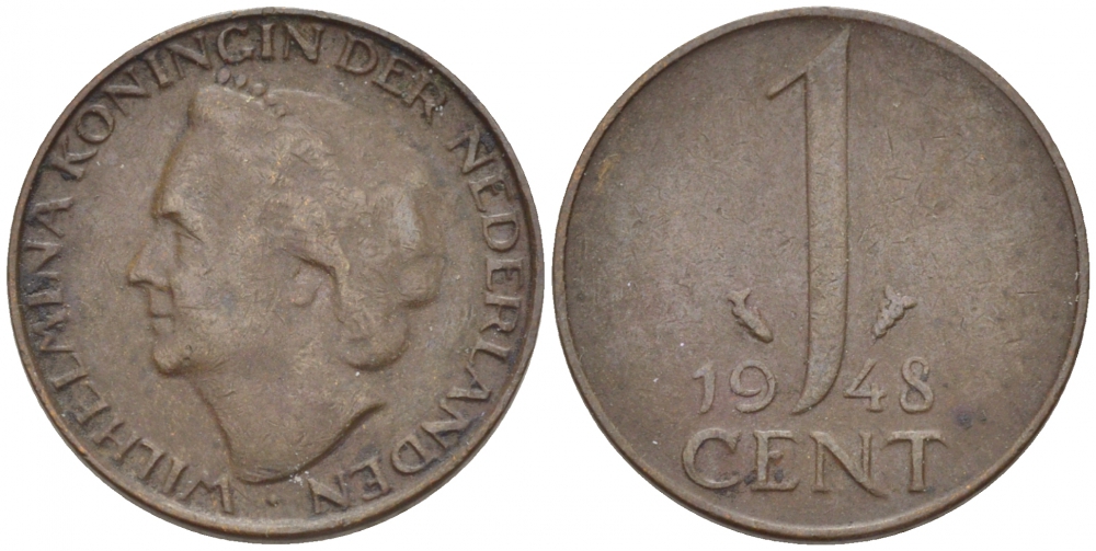 Нидерланды 1 цент 1948 Вильгельмина (1890-1948), год тип KM 175 бронза 3457-1139