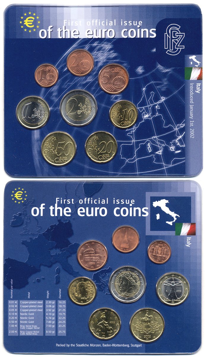 Италия 1, 2, 5, 10, 20, 50 евроцентов, 1, 2 евро 2002 первый официальный евронабор в фирменном буклете биметалл UNC 5-4-1-82