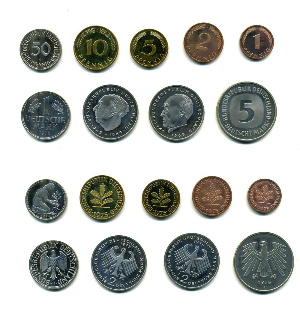 ФРГ набор из 9 монет 1975 J (1, 2, 5, 10, 50 пфеннигов, 1, 2, 2, 5 марок) PROOF N5-10
