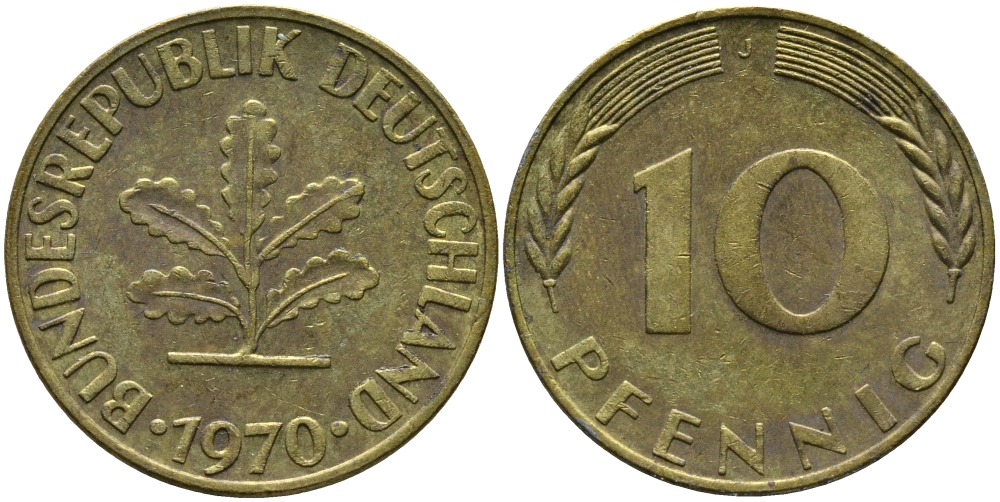 ФРГ 10 ПФЕННИГОВ 1970 J KM 108, J.383 сталь плакированная латунью 98-432