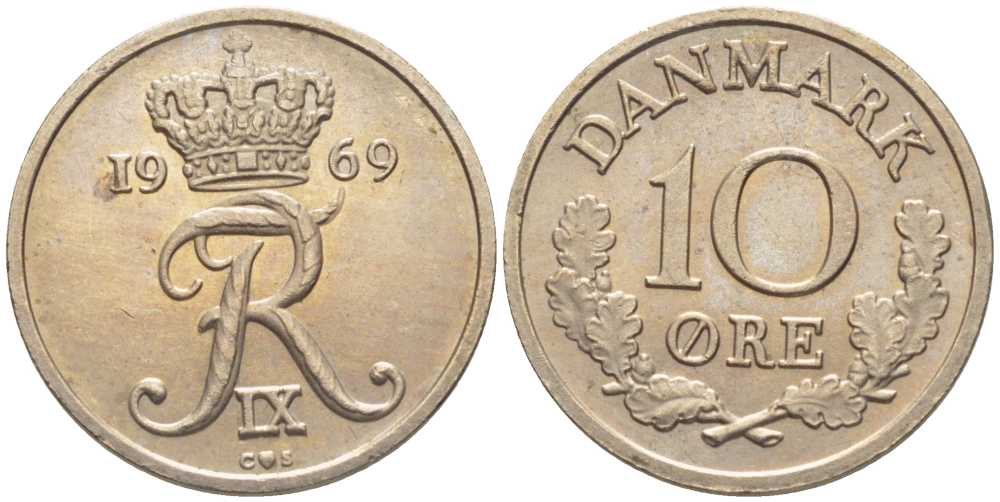 Дания 10 эре 1969 C,S, Фредерик IX (1947-1972) KM 849.1 медно-никель 201-1228
