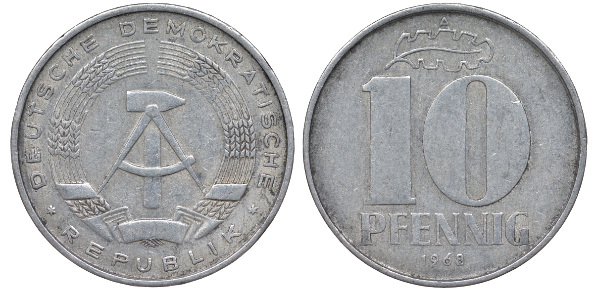 ГДР 10 пфеннигов 1968 A KM 10 алюминий 62-747