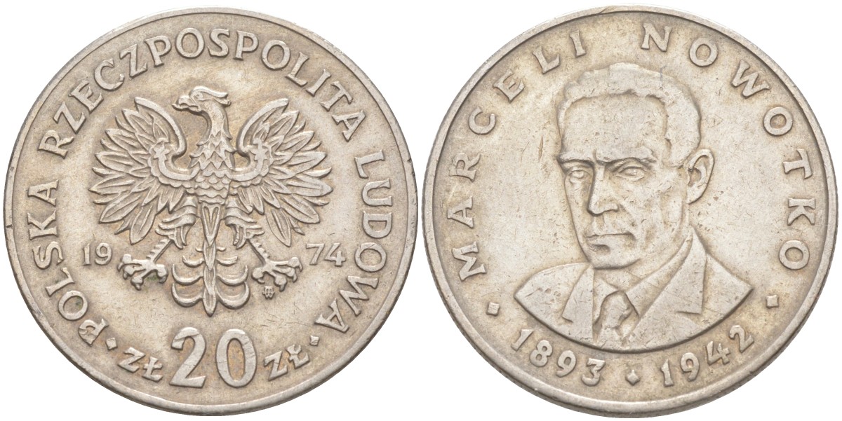 Польша 20 злотых 1974 MW, Марцелий Новотко KM 69, Parchimowicz 246 медно-никель 109-544