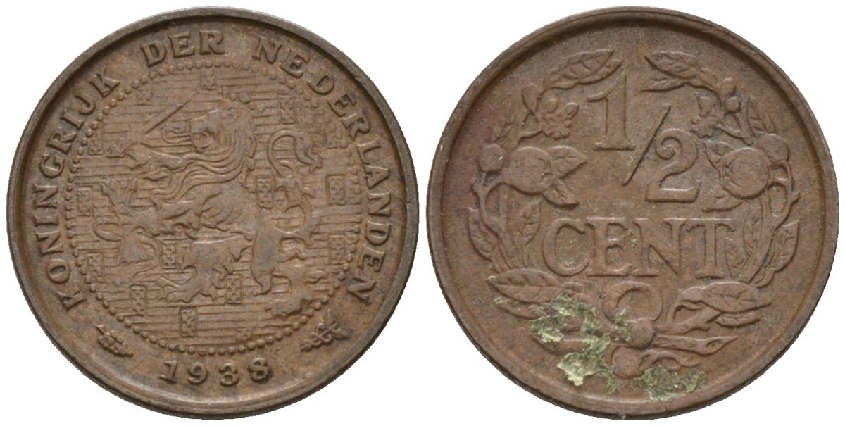 Нидерланды 1/2 цента 1938 Вильгельмина (1890-1948) KM 138 бронза 4588-961