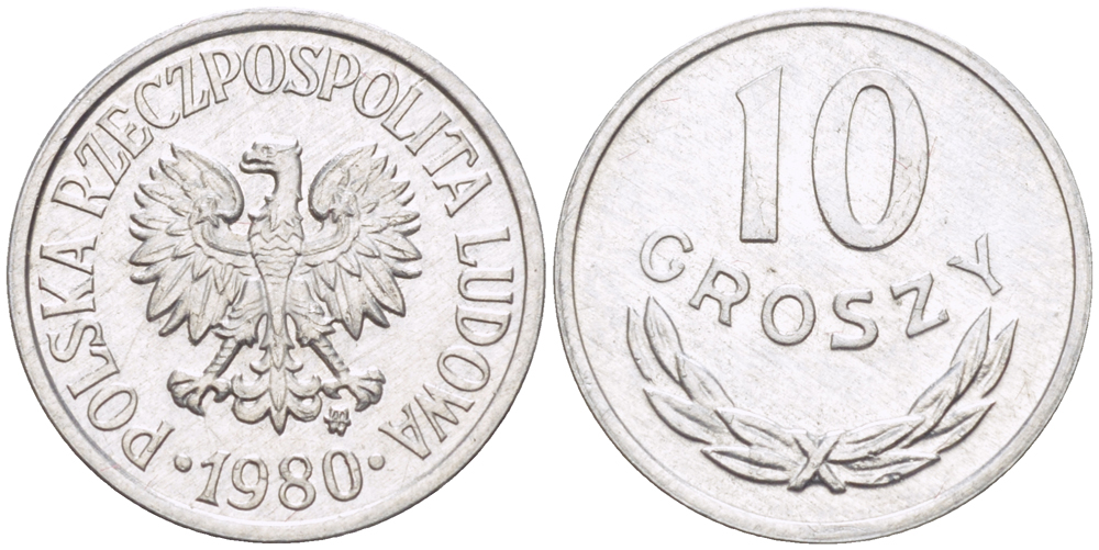 ПОЛЬША 10 ГРОШЕЙ 1980 MW KM AA47, Parchimowicz 206t алюминий UNC 4181-1138