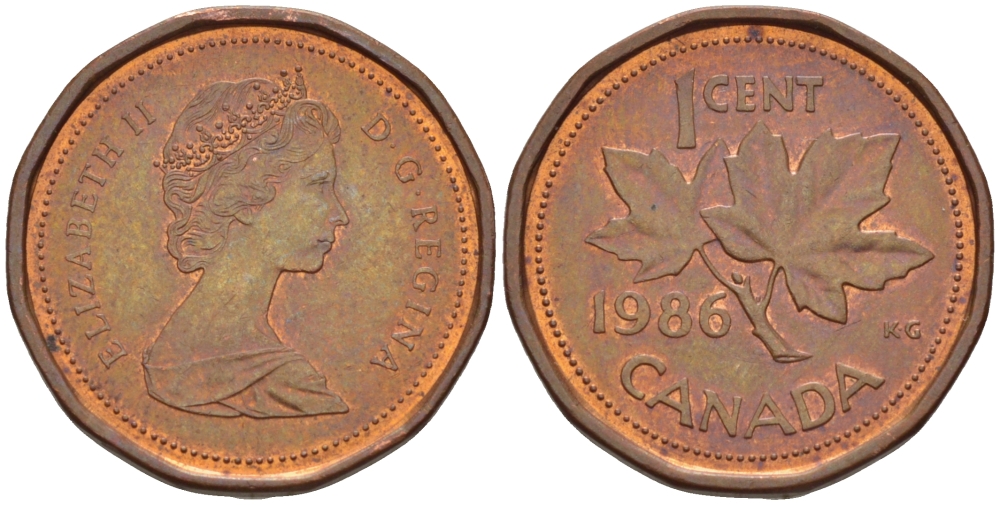 Канада 1 цент 1986 Елизавета II (1952-2022), кленовый лист KM 132 бронза 54-845