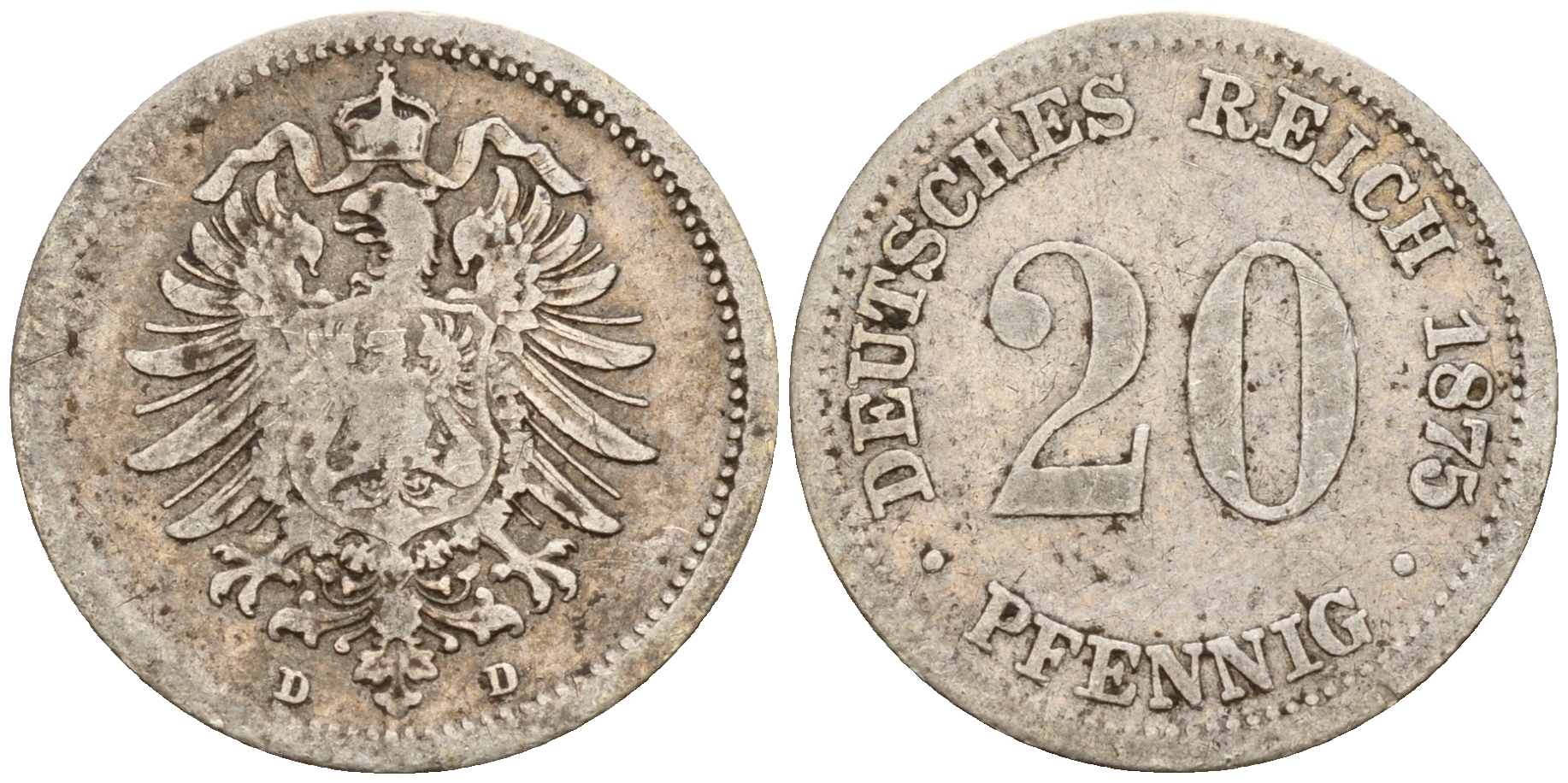 Германия 20 пфеннигов 1875 D J.5  KM 5 серебро    4602-716
