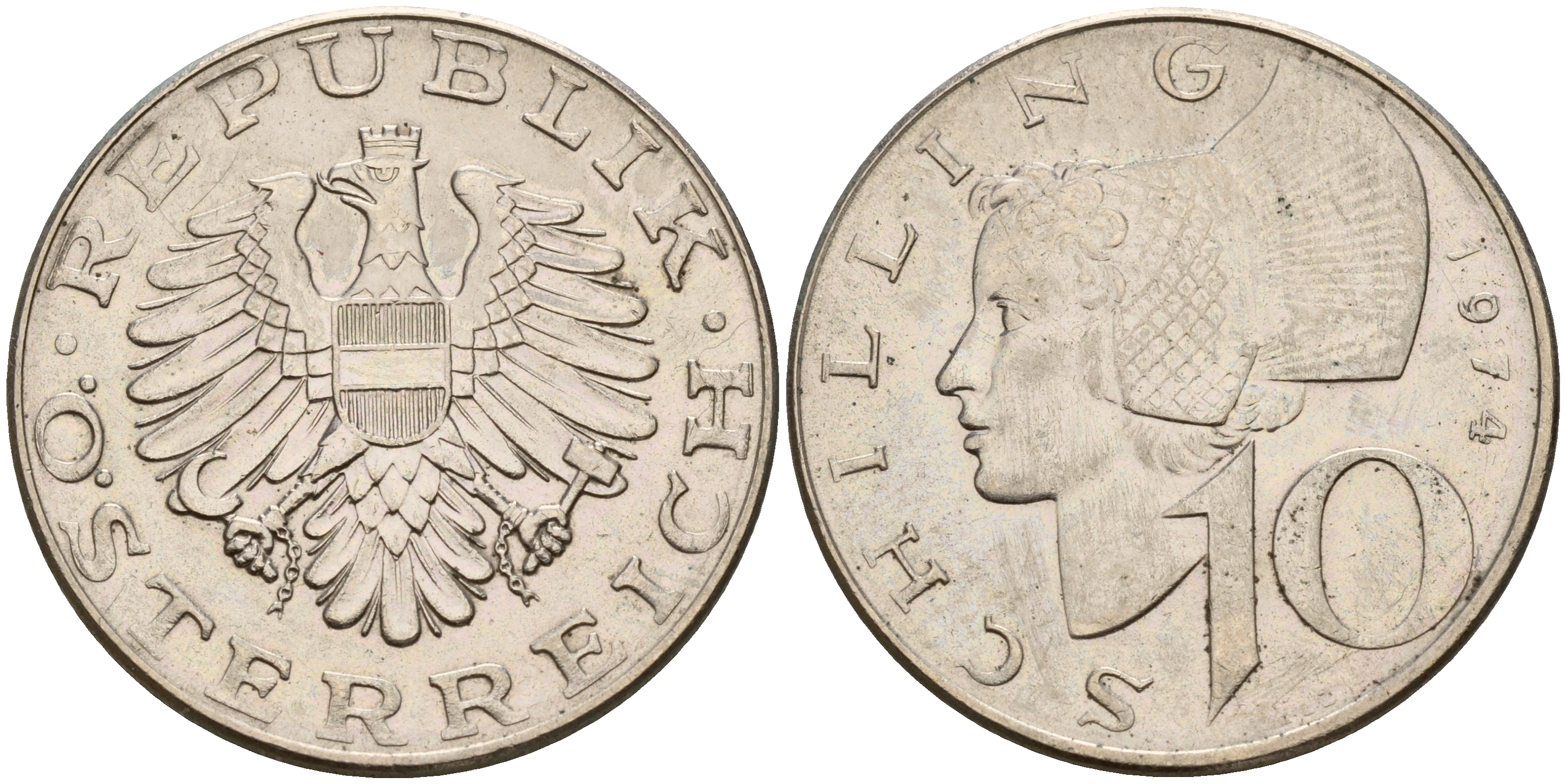 Австрия 10 шиллингов 1974  KM 2918 никель плакированный медно-никелем    4601-944