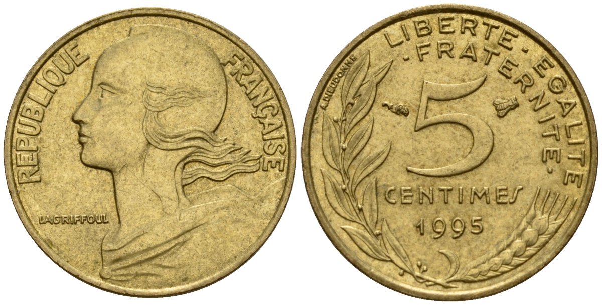 Франция 5 сантимов 1995 KM 933 алюминиевая бронза 4154-1066