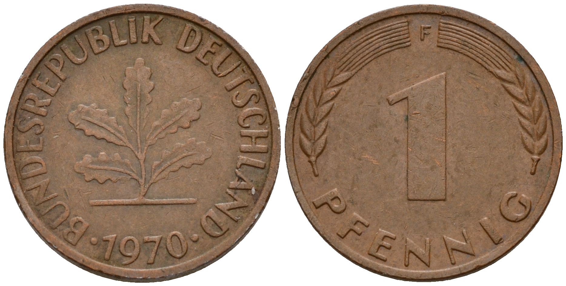 ФРГ 1 пфенниг 1970 F KM 105, J. 380 сталь плакированная медью    4598-447